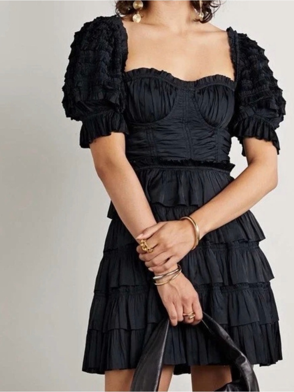 Ulla Johnson Black Ruffle Mini Dress Size 12 NWOT Square Neck Puff Sleeve
